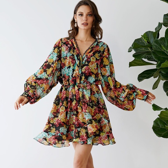 CHICWISH BOUQUET PRINTED RUFFLE CHIFFON MINI - Picture 2 of 10